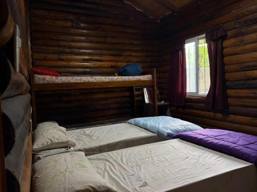 a bedroom with two beds in a log cabin at Campo Los Teritos in Abasto