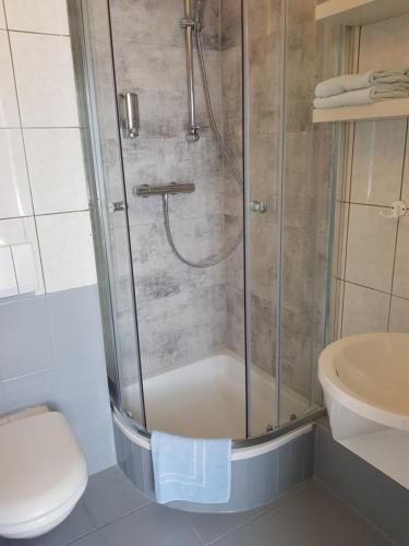 a bathroom with a shower with a toilet and a sink at Landhotel Ostseetraum & Apartments in Warnemünde