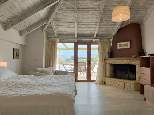 a bedroom with a bed and a fireplace at Hotel Europa Olympia in Olympia