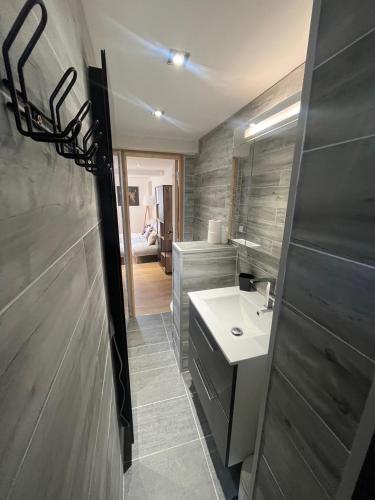 a bathroom with a sink and a mirror at Le Logis des Cerfs in Les Angles