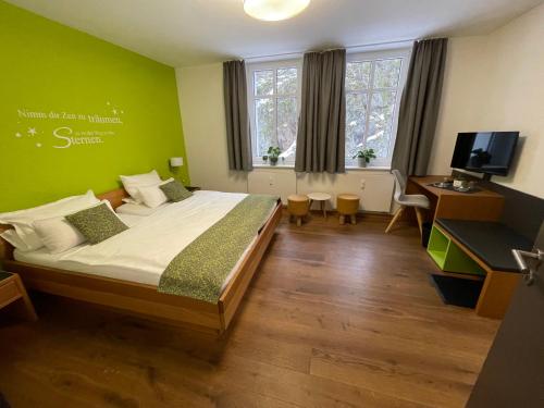 a bedroom with a bed and a desk and a television at GleisEiNS in Naila