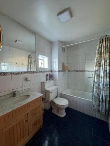 ein Badezimmer mit Badewanne, Toilette und Waschbecken in der Unterkunft El Centrito in Talca