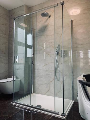 a shower with a glass door in a bathroom at The Gungate Hotel - Cocktails and Wine Bar in Tamworth