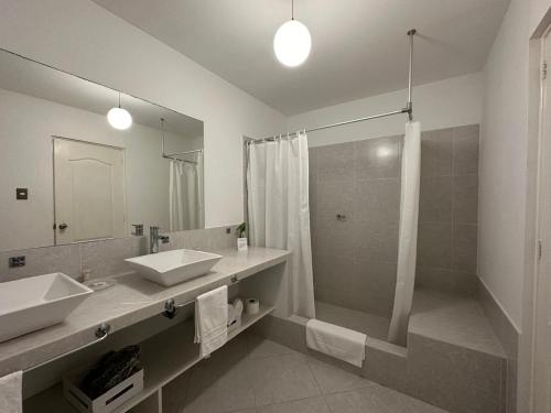 a bathroom with a sink and a shower at Hotel Los Palomos in Lunahuaná