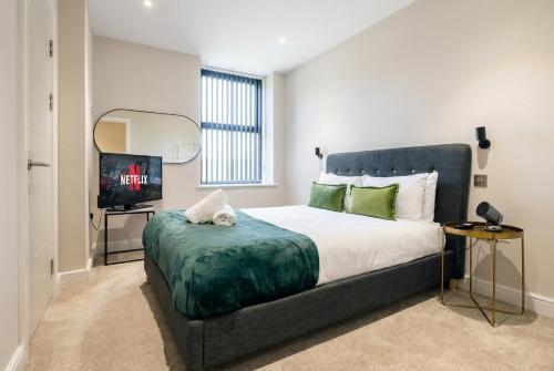 a bedroom with a large bed and a tv at City Spacious Apartment in Central Station