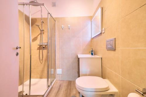 a bathroom with a shower and a toilet and a sink at Apartment Centeanes in Carvoeiro