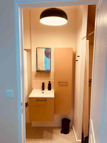 a bathroom with a sink and a mirror at Duplex house with small terrace in Bayeux