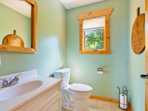 a bathroom with a toilet and a sink and a window at Sunset Serenity on Kego Lake in Fifty Lakes