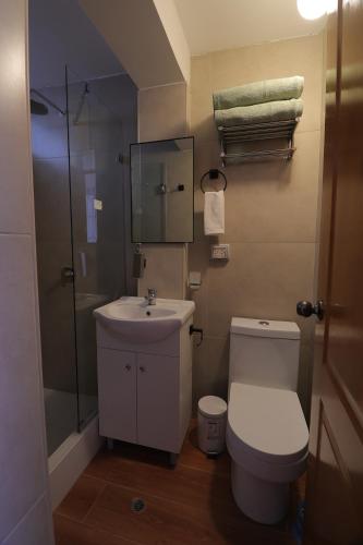 a bathroom with a toilet and a sink and a shower at CASA ETEN Hospedaje Boutique - centro histórico de Cajamarca in Cajamarca