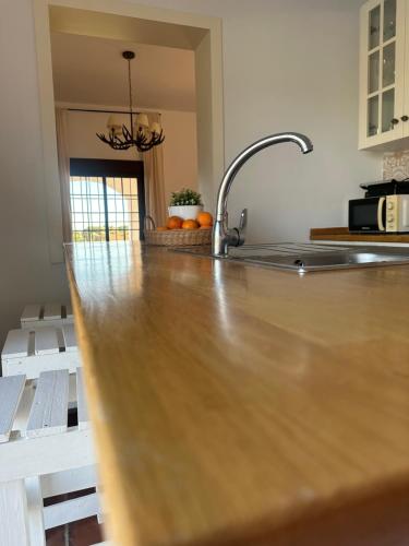 a kitchen with a wooden counter top and a sink at Casa Alboroto in Puebla del Río