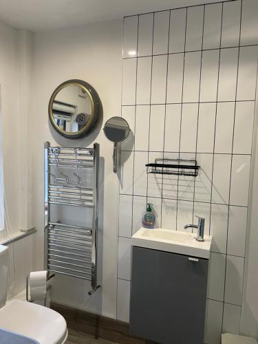 a bathroom with a toilet and a sink and a mirror at Apartment B in Bangor