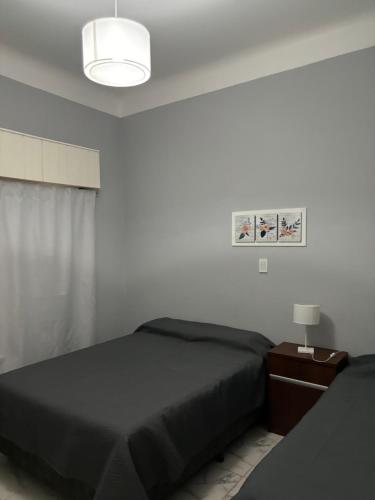 a bedroom with a black bed and a lamp at Hospedaje Adha Chivilcoy III in Chivilcoy