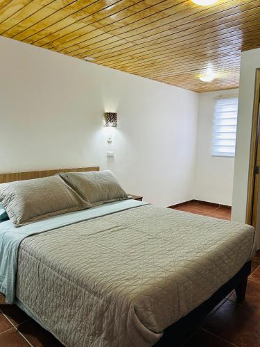 a bedroom with a large bed with a wooden ceiling at El Floramento in San Pedro de Atacama