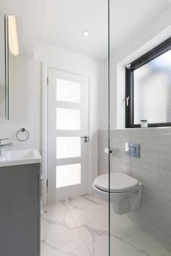 a white bathroom with a toilet and a glass door at Howth Village Cottage in Howth