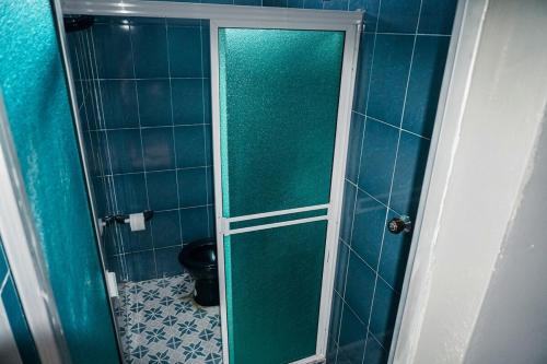 a bathroom with a shower with a green glass door at Casa de Astilla in Mocoa