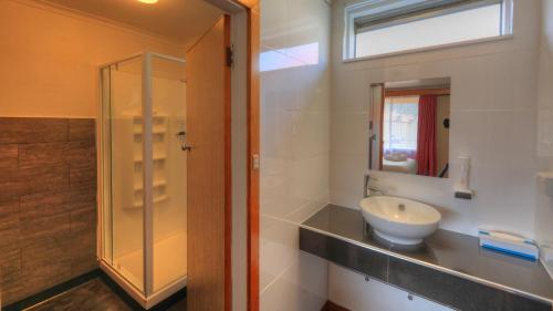 a bathroom with a sink and a glass shower at Queenstown Motor Lodge in Queenstown