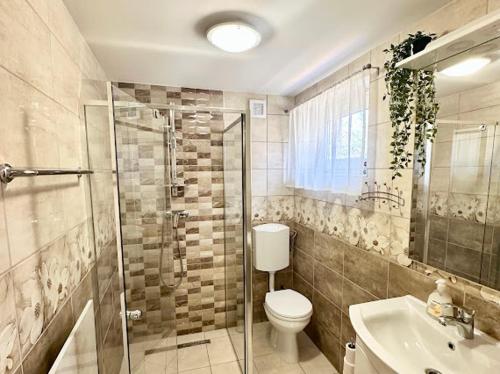 a bathroom with a shower and a toilet and a sink at Bíbic Vendégház in Kaposvár