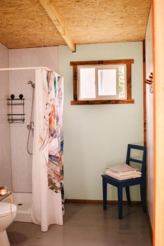 a bathroom with a shower and a toilet at Amanecer Glamping in llifen