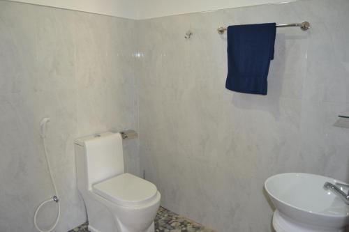 a bathroom with a white toilet and a blue towel at Lovely lodge & Hostel in Sigiriya