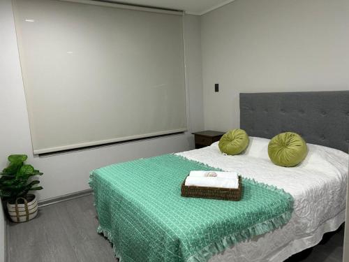 a bedroom with a bed with two green pillows on it at Departamento moderno céntrico con piscina 2 Habitaciones 2 Baños in Chillán