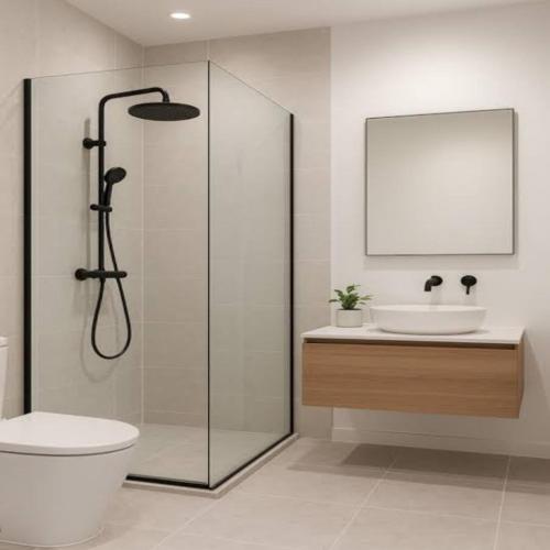 a bathroom with a shower and a toilet and a sink at Delf Apartement Cpi Mewah By Selfiyani in Makassar