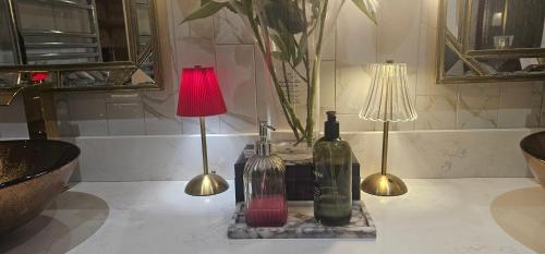 two lamps and two wine bottles on a counter at The Hide Out in Belfast