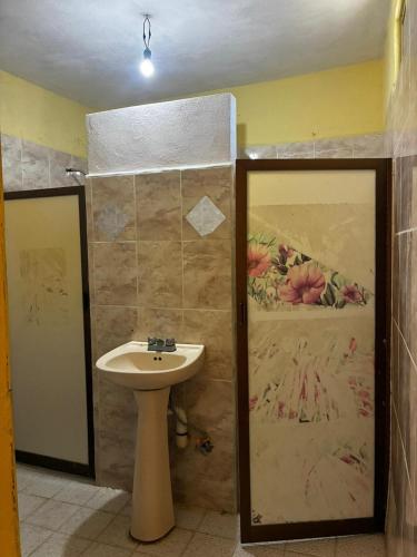 a bathroom with a sink and a wall with a painting at Casa El Limón in Yelapa