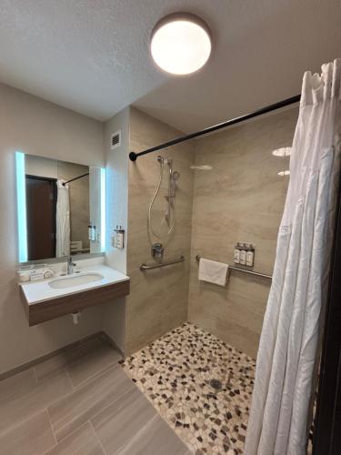 a bathroom with a sink and a shower at Holiday Inn Express & Suites Truth or Consequences by IHG - Newly Renovated in Truth or Consequences