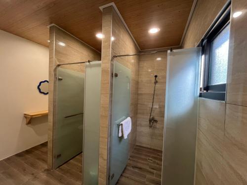 a bathroom with a shower with a glass door at 上好所在民宿 in Shoufeng