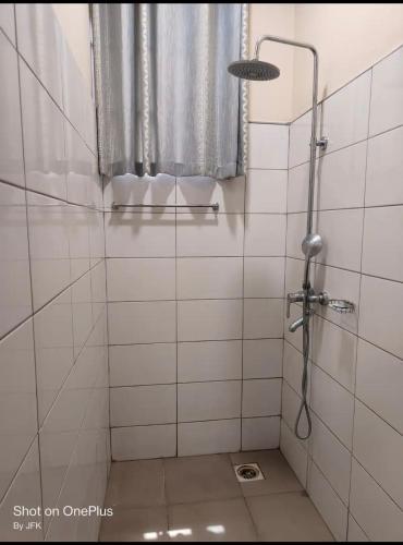 a bathroom with a shower with a shower curtain at QD Apartment in Arusha