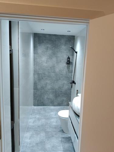 Un baño con ducha y WC. en Harmony Hideaway Gabala, en Gabala