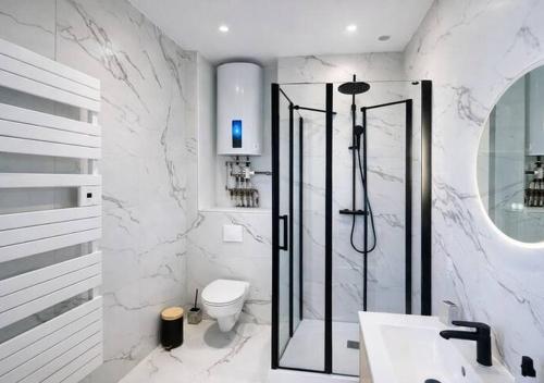 a bathroom with a shower and a toilet and a sink at Spacious & Luxuary Studio in Amiens