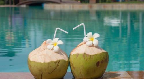 two coconuts with flowers on them next to a pool at Glorious Hotel in Kompong Thom