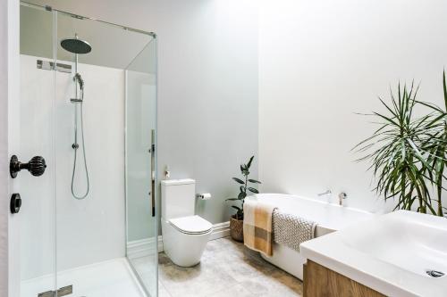 a bathroom with a shower and a toilet and a sink at Britannia Villa in Greytown