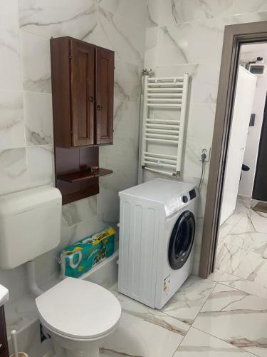 a bathroom with a washing machine and a toilet at Lemora Apartments 1 in Focşani