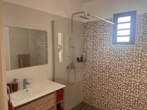 a bathroom with a shower with a sink and a shower at Case Ylang Blossom in Étang-Salé