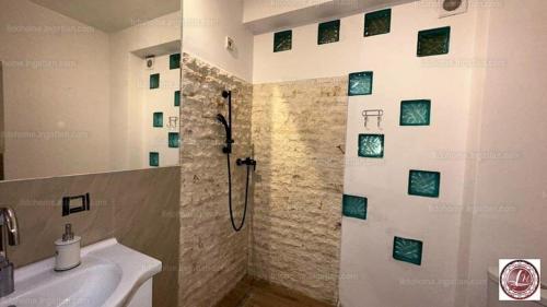 a bathroom with a shower and a sink at Centrum Apartman in Balatonfenyves