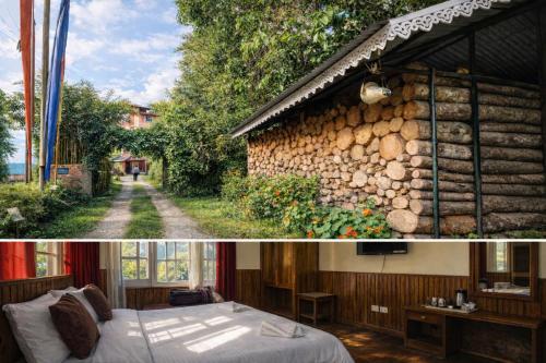 a house with a bedroom and a stone wall at Ifseen Villa in Pelling