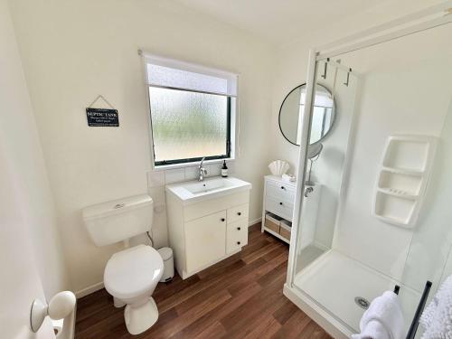 a bathroom with a toilet and a sink and a mirror at Peaceful Country Escape in Gordonton - Green Meadows Cottage in Taupiri