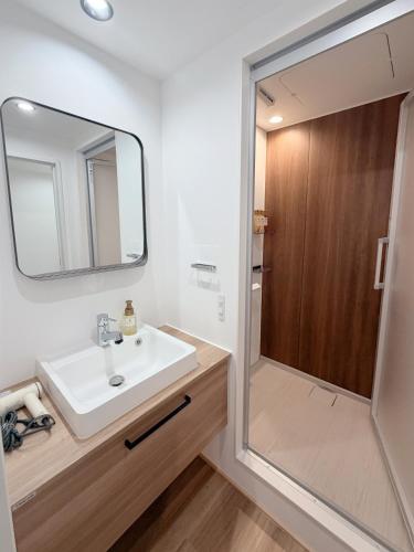 a bathroom with a sink and a shower at 雪箱神楽 Yukibako Kagura 一棟貸切かぐらスキー場徒歩7分 in Yuzawa