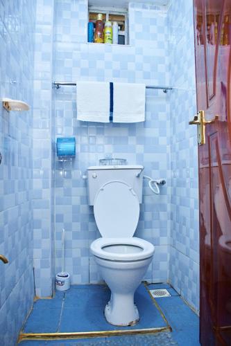 a bathroom with a toilet in a blue tiled bathroom at Kajole Homestay in Kakamega