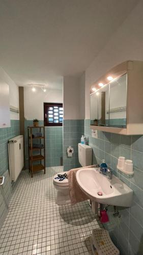 a bathroom with a sink and a toilet at Ferienwohnung Auszeit Erika 1 in Burhave