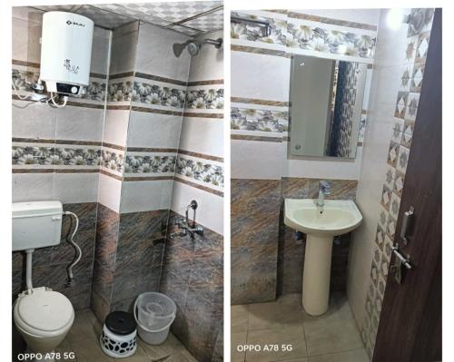 a bathroom with a sink and a toilet and a mirror at Hotel Mittal Tower in Jhājra