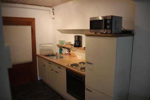 a kitchen with a microwave on top of a refrigerator at Ferienappartement Archimedes in Walkenried