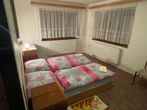 a small bedroom with a bed and two windows at Apartmán Votoček in Rokytnice nad Jizerou