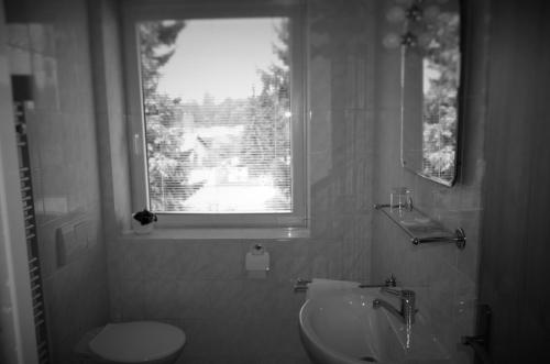 La salle de bains est pourvue d'un lavabo, de toilettes et d'une fenêtre. dans l'établissement Hotel Amos, à Fulnek