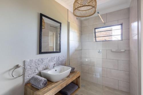 a bathroom with a sink and a mirror and a shower at Pine Forest Retreat Cabin in Plettenberg Bay