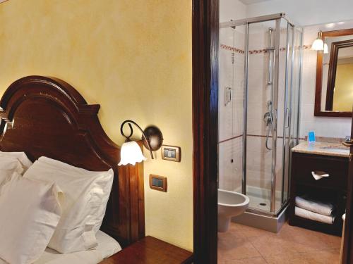 a bathroom with a bed with a shower and a sink at Hotel L' Aiglon in Champoluc