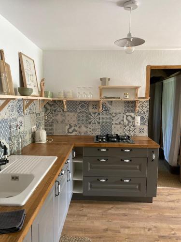 a kitchen with a sink and a counter top at La maison de Juliette in Céret