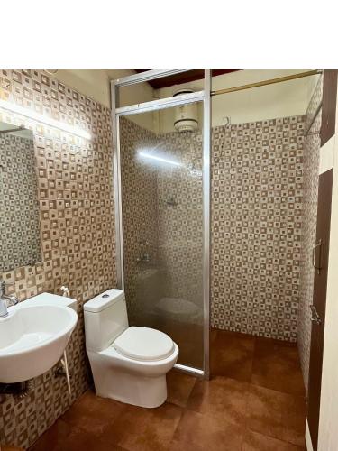 a bathroom with a toilet and a sink and a shower at Gorumara Jungle Resort in Chālsa